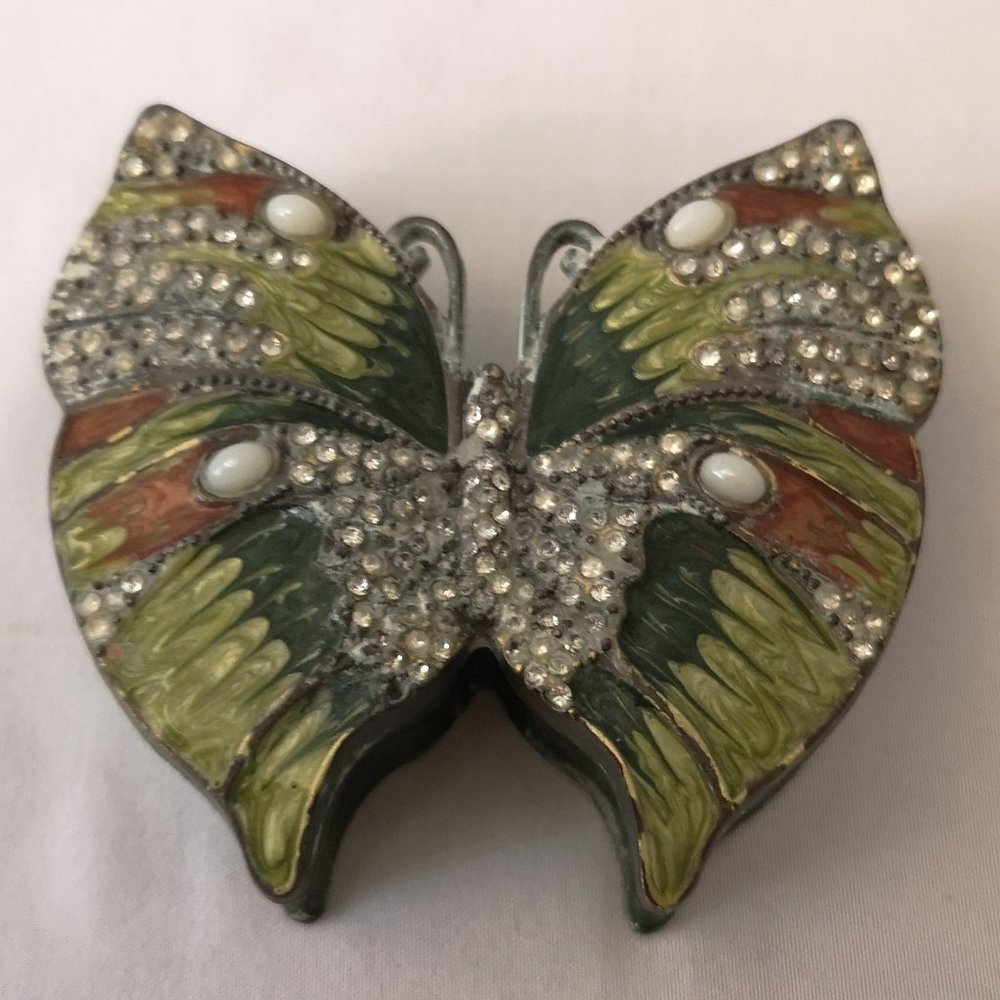 Vintage Butterfly Trinket Box with Green & Orange Enamel, Crystals & Faux Pearls